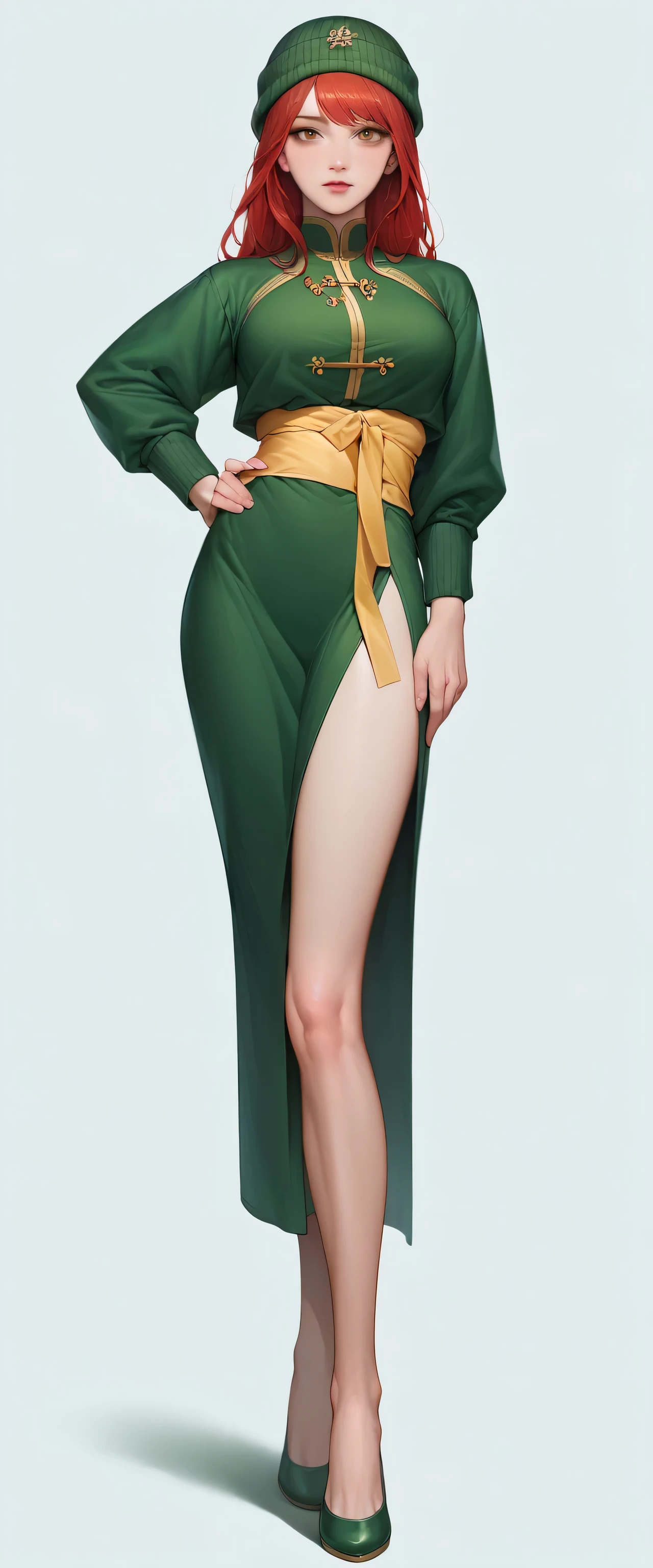  of an Asian beauty, a striking and captivating young woman with long, red hair adorned with a short black topknot. She wears a green beanie and has a mesmerizing brown eye. The outfit consists of a white long-sleeved blouse, a Chinese-style green jacket with a yellow sash, and a separate green skirt. She dons a pair of stunning green high heels. The background is a blend of vivid colors, creating a dreamy and enchanting atmosphere