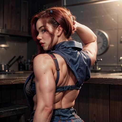 American shot. Erotic version of "Rosie, the Riveter", curling one of her biceps with her back to the viewer.