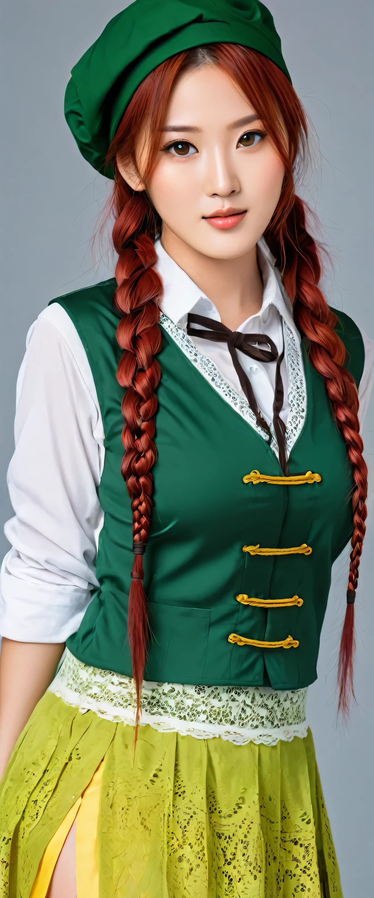 A tall, beautiful, big, attractive Asian girl with big breasts, long red hair, short braids, black bun, wearing a green cap, her brown eyes are wearing a white long-sleeved shirt, underneath a green vest, a knot, a yellow sleeveless lace, and a green skirt, partly separated, a green heel, gorgeous.