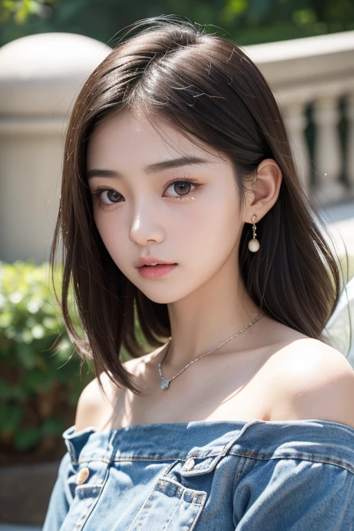 ((masterpiece)), ((photo realistic:1.3)), (highest quality), Japanese girl, 17years old, (Fairy-like face:1.3), (flat chest:1.3), thin eyebrows, shiny eyes, (big breasts eyes, broad jawline, puffy face, baby face), (tearful face, laugh out:1.3), (no make up:1.4), light brown hair, loose wavy bob cut, earrings, necklace, over size t-shirt, denim short pants, theme park, extreme close-up