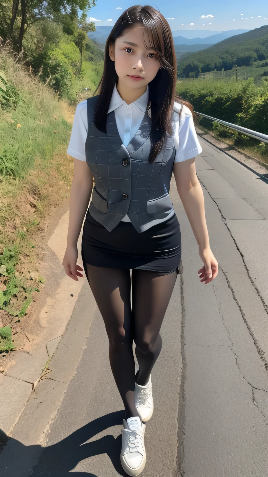 high quality、8k、masterpiece、Ultra-high resolution、Clear photos、Professional Lighting、Natural Light、Realistic、Highly detailed skin、Perfect Anatomy、Beautiful fingers、Beautiful Hands、One Woman、 25、Bab6、Big Breasts、(Large areola)、Glamour、Bob Hair:1.8、Black Hair、Beautiful Hair、smile、(Squint your eyes and laugh:1.1)、Tight office suit、((Checked vest))、((White short sleeve shirt))、((Black tight mini skirt))、((Perfect Pantyhose:1.2))、((Black Pantyhose))、View from the top、(Walking the mountain path)、(((Wear sneakers)))、((((Full body shot:1.3))))