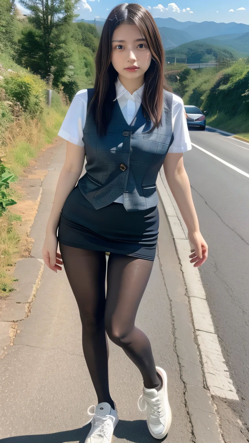 high quality、8k、masterpiece、Ultra-high resolution、Clear photos、Professional Lighting、Natural Light、Realistic、Highly detailed skin、Perfect Anatomy、Beautiful fingers、Beautiful Hands、One Woman、Age 25、Baby Face:1.6、Big Breasts、(Large areola)、Glamour、Bob Hair:1.8、Black Hair、Beautiful Hair、smile、(Squint your eyes and laugh:1.1)、Tight office suit、((Checked vest))、((White short sleeve shirt))、((Black tight mini skirt))、((Perfect Pantyhose:1.2))、((Black Pantyhose))、View from the top、(Walking the mountain path)、(((Wear sneakers)))、((((Full body shot:1.3))))