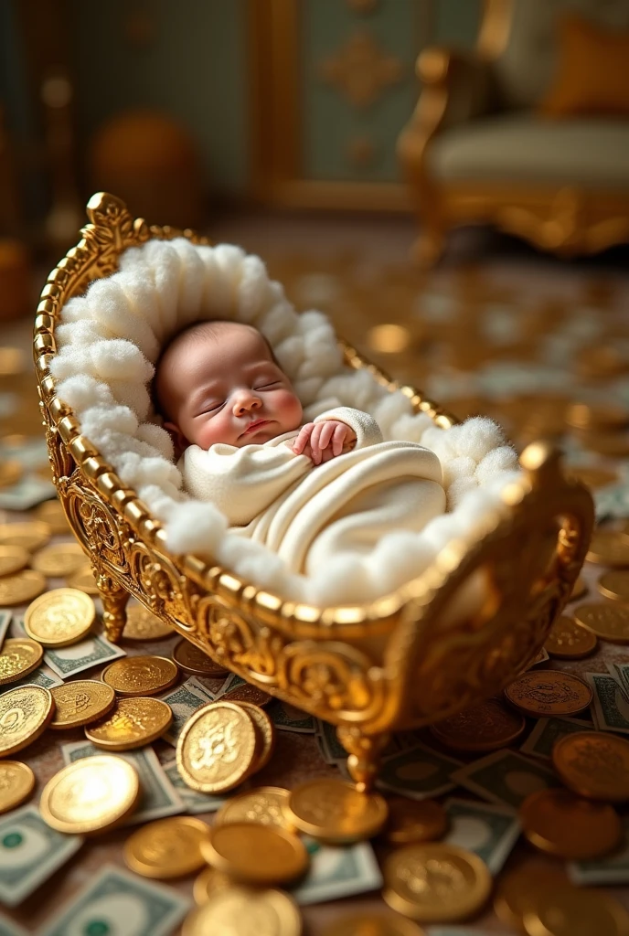 A gold coin, with a baby inside the coin, holding a dollar