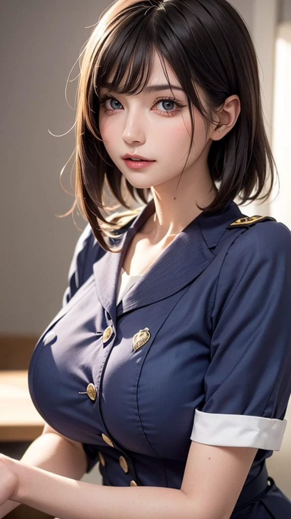 ((Beautiful Face:1.4)), (Pyros Face_v1: 1.0), Half Body,(Highest Resolution, Clear_image) Best Quality, single, One Woman, Alone, masterpiece, Very detailed, Semi-realistic, Black Short Hair, Black Hair, bangs, 1, Mature, light blue Uniform, Uniform, Indoor Background, kind, Authoritative, Powerful, Graceful features, Graceful features,((Natural large breasts:1.4))