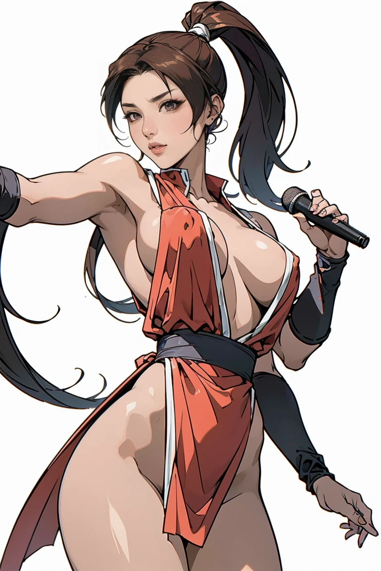 beautiful Asian woman with black eyes,,mai shiranui,lips ,black hair,(holding a microphone),((in white background)),((skinny)),(slender body),standing, pony tail, (looking at viewer：1.6),(huge breasts), ultra detailed, best quality,aesthetic ,museum quality, award winning, exquisite detail, breathtaking composition, masterful brushwork, striking contrast, flawless anatomy, meticulous rendering,extraordinary lighting,striking contrast,impeccable proportions,exceptional craftsmanship,sublime artistry,captivating atmosphere,mesmerizing elegance,sophisticated style,(masterpiece ),perfect fingers