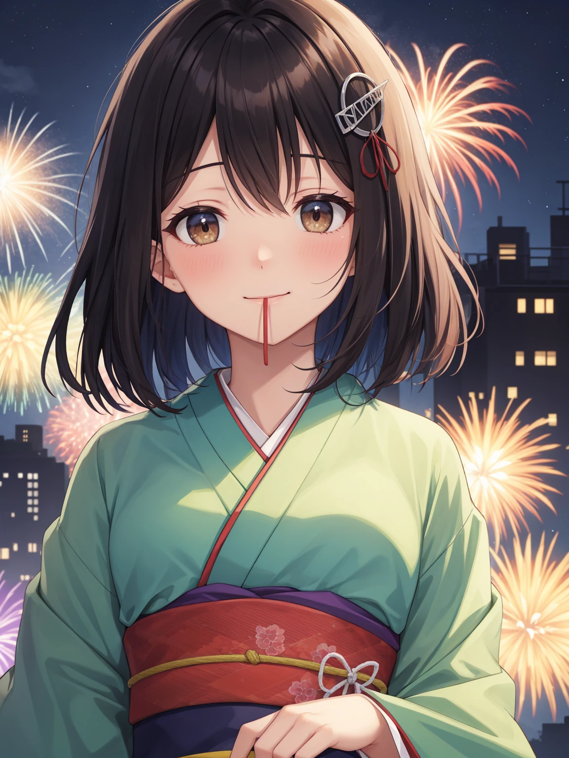 haguro \(kancolle\), short hair, black hair, brown eyes, hair ornament, Wisteria kimono, (Gorgeous courtesan kimono), light blue kimono, dark green obi
BREAK
smile, bashful, (blushing cheeks:1.1)
BREAK
From below, tilted head, 
BREAK
Portrait, official art, Masterpiece, best quality, high resolution, 8K, ultra-detailed, super resolution, extremely detailed and beautiful, extremely detailed, amazing and detailed, highly detailed beautiful girl, highly detailed face, highly detailed eyes, highly detailed skin, highly detailed fingers, highly detailed nose, very detailed mouth, perfect anatomy 
BREAK
(Fireworks), night sky, (night, midnight, darkness:1.3), very fine and detailed 16KCG wallpapers