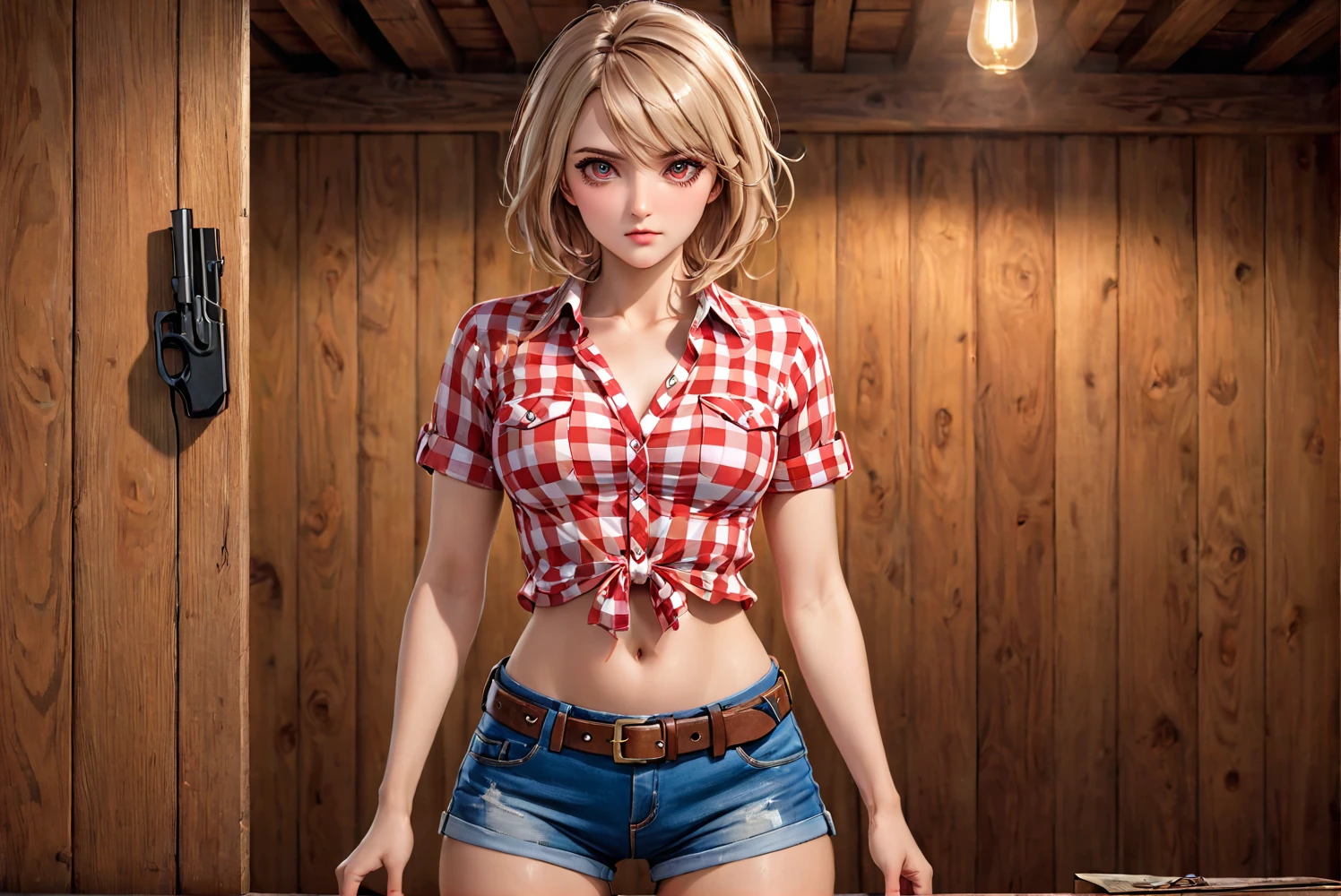 (((Female Gunfighter:2.0))),(((NSFW:0.5))),(((Wearing denim hot pants:1.5))),(((Wear a red checked short-sleeved collared shirt:1.5))),(((Wear a gun belt with a holster:1.8))),,((Put the watch on your wrist:1.5))),(((Exposed thin inner thighs))),(((Small breasts:1.5))),(((Navel exposed:1.5))),(((Bare arms))),(((Put on your boots:1.5))),((Blushed:1.8)), Beautiful details, Very detailed目と顔, 緻密でBeautiful Eyes, Very detailed, High resolution, Best Quality, masterpiece, Very detailed, 8K wallpaper, wonderful, finely, Best Quality,(Standing in front of a wooden wall),Beautiful Eyes,((Engage your audience:1.2))),((Drinking whiskey:1.0)),(((Frightened face:1.5)))