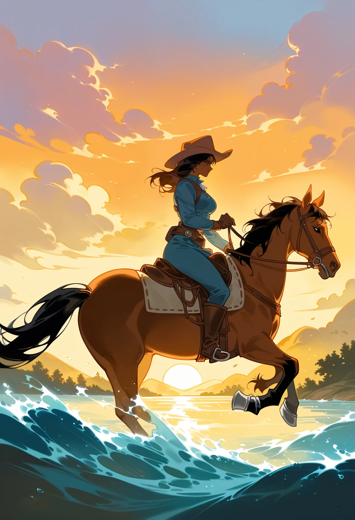 painting of a woman riding a horse in a river with a sun setting , inspired by Jakub Schikaneder, by Jakub Schikaneder, alphonse mucha and alena aenami, by Andrew Robinson, inspired by Jeffrey Catherine Jones, jeffrey catherine jones pose, guweiz masterpiece, jen bartel, by Jeffrey Catherine Jones, sergey kolesov brown skin, black hair ,cowboy hat ,side profile, jumping horse. both side proflie