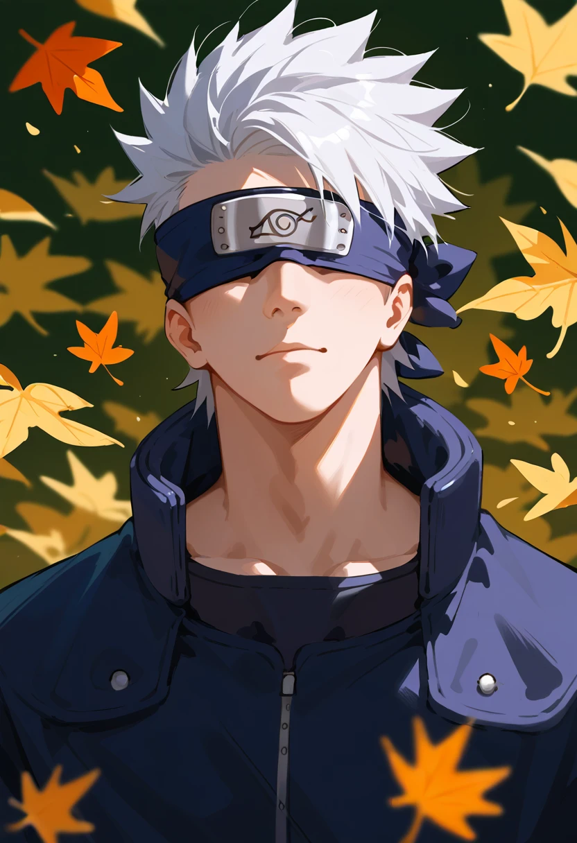 Score_9, Score_8_superior, Score_7_superior, Score_6_superior, Score_5_superior, Score_4_superior, (Anime NARUTO),  1 person ,Handsome,Angled,Sharp perspective,sight induction,shortage々A fresh brush stroke,Asymmetrical performance with fluttering leaves,Kakashi Hatake,Silver Hair,Black Mask