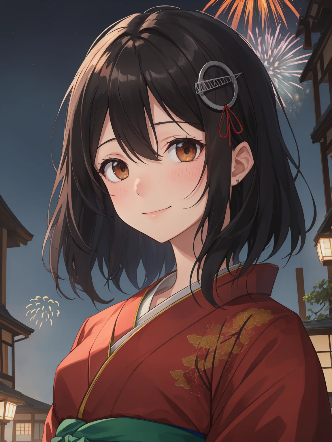 haguro \(kancolle\), short hair, black hair, brown eyes, hair ornament, Wisteria kimono, (Gorgeous courtesan kimono), light blue kimono, dark green obi
BREAK
smile, bashful, (blushing cheeks:1.1)
BREAK
From below, cowboy shot, tilted head, 
BREAK
Portrait, official art, Masterpiece, best quality, high resolution, 8K, ultra-detailed, super resolution, extremely detailed and beautiful, extremely detailed, amazing and detailed, highly detailed beautiful girl, highly detailed face, highly detailed eyes, highly detailed skin, highly detailed fingers, highly detailed nose, very detailed mouth, perfect anatomy 
BREAK
(Fireworks), night sky, (night, midnight, darkness:1.3), very fine and detailed 16KCG wallpapers