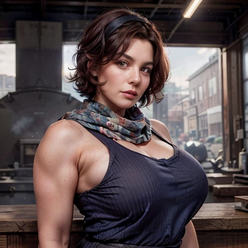 American shot. Predominant colors: blue, red, white. Background: vintage steel industry workshop. A curvy Spanish woman in her forties, short wavy black hair, lustful expression, blushed cheeks, dressed only in a sexy blue mechanics overall and a red headscarf on her head; looking sideways the viewer, curling one of her biceps.