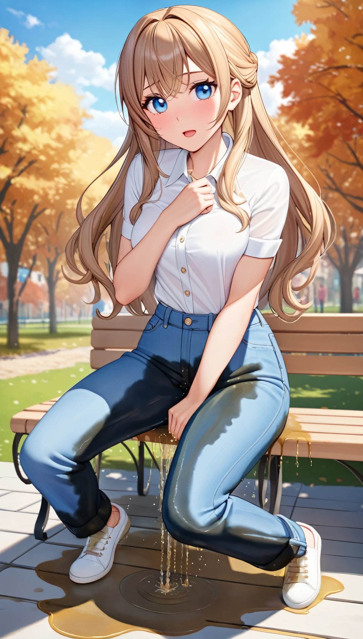 ((best quality, masterpiece:1.3, 8K)), (detailed), highly detailed face and skin texture, detailed eyes, park, pond, bench, full body, (slender body:1.1), a group of girls, 25 years old, white skin, bright lips, scared, worried, embarrassed, long hair, (forehead:1.0), jeans pants, skinny jeans, blue jeans, (wetting themself:2.5),