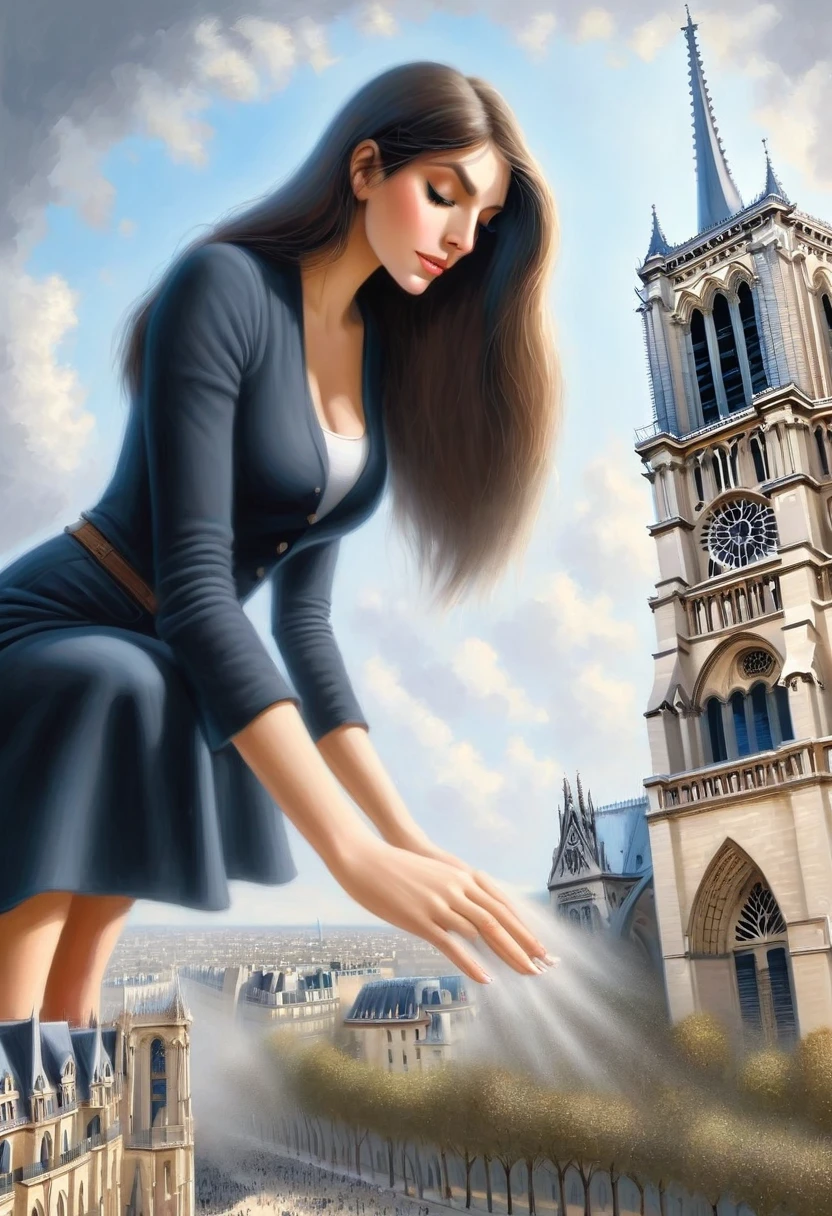 Giantess is touching Notre Dame in Paris