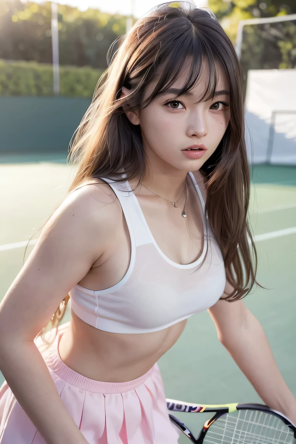 (8 thousand, best quality, masterpiece: 1.2), (realistic, realistic: 1.37), super detail, 1 girl, 20 years old, big, beauty, cute, laugh, alone, tennis wear, mini skirt, tennis court, racket, Tennis balls, (Redness of the nose), (laugh: 1.15), (keep your mouth shut), beautiful eyes, (long hair: 1.2), Floating Hair Novafrog Style, upper body