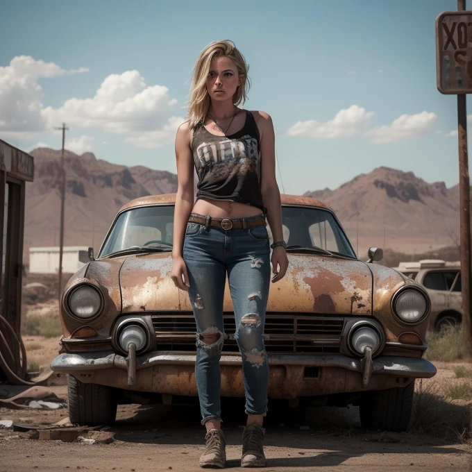 In a post-apocalyptic setting, a young caucasian woman wastelander, stands next to her rusted car at an abandoned gas station, exuding resilience and beauty amidst the desolate landscape. tshirt
