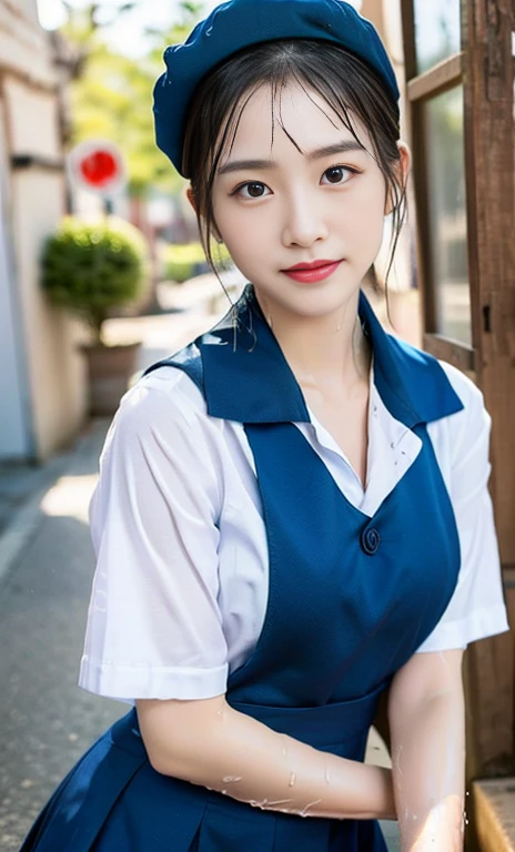 (A gorgeous chinese lady, night, emptied street, wearing a white short-sleeve button shirt, blue sailor cap
,JK school uniform, serafuku, seifuku, plaid tie, plaid hair scarf, youthful charms, smooth complexion, beautiful detailed face, beautiful detailed eyes and lips, long eyelashes, (wet:1.2),

Slender figure, perfect body proportion, friendly expression, cute dimples, kind smile, short hair, side ponytail, confident & poised demeanor, sitting legs opened, blue uniform, msc, bwc, schoollogo,

 (best quality, 4k, 8k, highres, masterpiece:1.2), ultra-detailed,(realistic,photorealistic,photo-realistic:1.37), HDR, UHD, studio lighting, ultra-fine painting, sharp focus, physically-based rendering, extreme detail description, professional, vivid colors, blurred background, bokeh effect,SFW, Safe for Work, Cowboy shot, Ass Focus,)