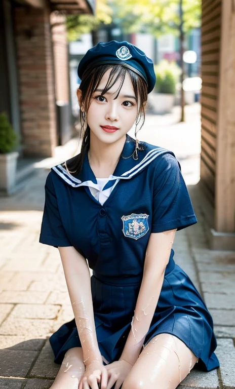 (A gorgeous chinese lady, night, emptied street, wearing a white short-sleeve button shirt, blue sailor cap
,JK school uniform, serafuku, seifuku, plaid tie, plaid hair scarf, youthful charms, smooth complexion, beautiful detailed face, beautiful detailed eyes and lips, long eyelashes, (wet:1.2),

Slender figure, perfect body proportion, friendly expression, cute dimples, kind smile, short hair, side ponytail, confident & poised demeanor, sitting legs opened, blue uniform, msc, bwc, schoollogo,

 (best quality, 4k, 8k, highres, masterpiece:1.2), ultra-detailed,(realistic,photorealistic,photo-realistic:1.37), HDR, UHD, studio lighting, ultra-fine painting, sharp focus, physically-based rendering, extreme detail description, professional, vivid colors, blurred background, bokeh effect,SFW, Safe for Work, Cowboy shot, Ass Focus,)