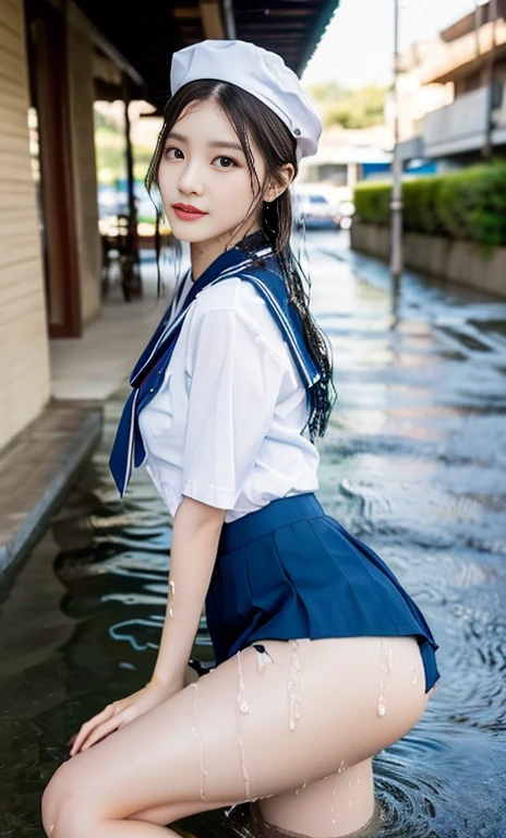 (A gorgeous chinese lady, night, emptied street, wearing a white short-sleeve button shirt, blue sailor cap
,JK school uniform, serafuku, seifuku, plaid tie, plaid hair scarf, youthful charms, smooth complexion, beautiful detailed face, beautiful detailed eyes and lips, long eyelashes, (wet:1.2),

Slender figure, perfect body proportion, friendly expression, cute dimples, kind smile, short hair, side ponytail, confident & poised demeanor, sitting legs opened, blue uniform, msc, bwc, schoollogo,

 (best quality, 4k, 8k, highres, masterpiece:1.2), ultra-detailed,(realistic,photorealistic,photo-realistic:1.37), HDR, UHD, studio lighting, ultra-fine painting, sharp focus, physically-based rendering, extreme detail description, professional, vivid colors, blurred background, bokeh effect,SFW, Safe for Work, Cowboy shot, Ass Focus,)