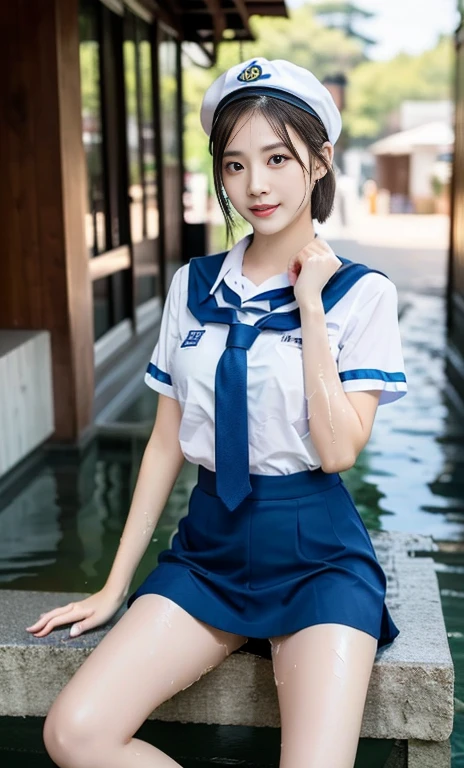 (A gorgeous chinese lady, night, emptied street, wearing a white short-sleeve button shirt, blue sailor cap
,JK school uniform, serafuku, seifuku, plaid tie, plaid hair scarf, youthful charms, smooth complexion, beautiful detailed face, beautiful detailed eyes and lips, long eyelashes, (wet:1.2),

Slender figure, perfect body proportion, friendly expression, cute dimples, kind smile, short hair, side ponytail, confident & poised demeanor, sitting legs opened, blue uniform, msc, bwc, schoollogo,

 (best quality, 4k, 8k, highres, masterpiece:1.2), ultra-detailed,(realistic,photorealistic,photo-realistic:1.37), HDR, UHD, studio lighting, ultra-fine painting, sharp focus, physically-based rendering, extreme detail description, professional, vivid colors, blurred background, bokeh effect,SFW, Safe for Work, Cowboy shot, Ass Focus,)