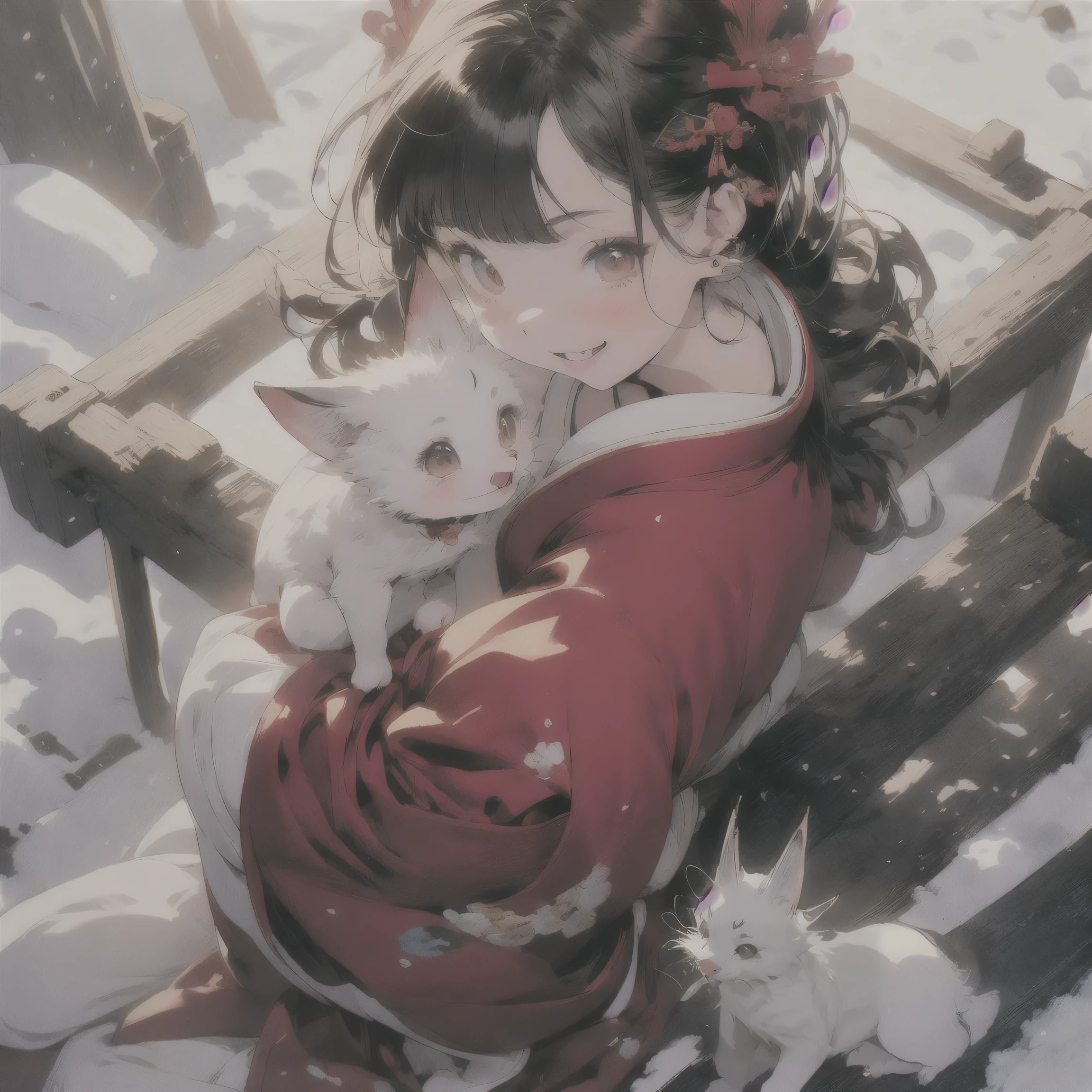 Asian woman, long snow-white hair, full body in the mirror, big fox ears, fox tail on body, flowing hair details, gorgeous Chinese style accessories, composition of illustration, background A white fox with nine tails, fantastic falling snow, and a seat made of bones.Colorful,Colorful,Aesthetics,Japanese art,
