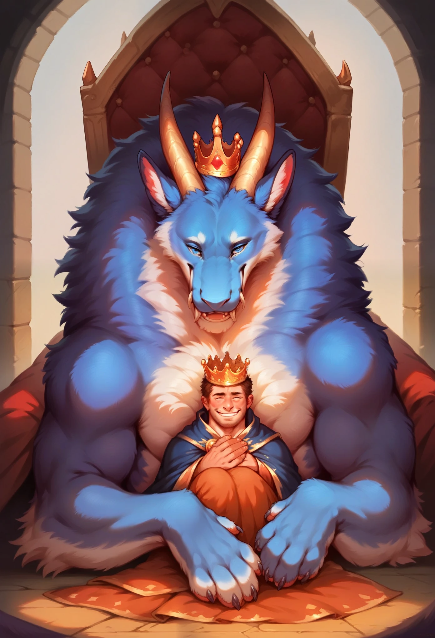 score_9, score_8_up, score_7_up, score_6_up, p3tl0v3, ((hugging adult human male in king mantle and crown)), masterpiece, high quality, realistic, detailed, best quality, 1girl, solo, rating_explicit, source_furry, throne room, smiling, seductive,darra, furred dragon, white and blue fur, small closed wings, horns, tail, chest fluff, paws, fangs, ton back, faded blue eyes, size difference, hugging human