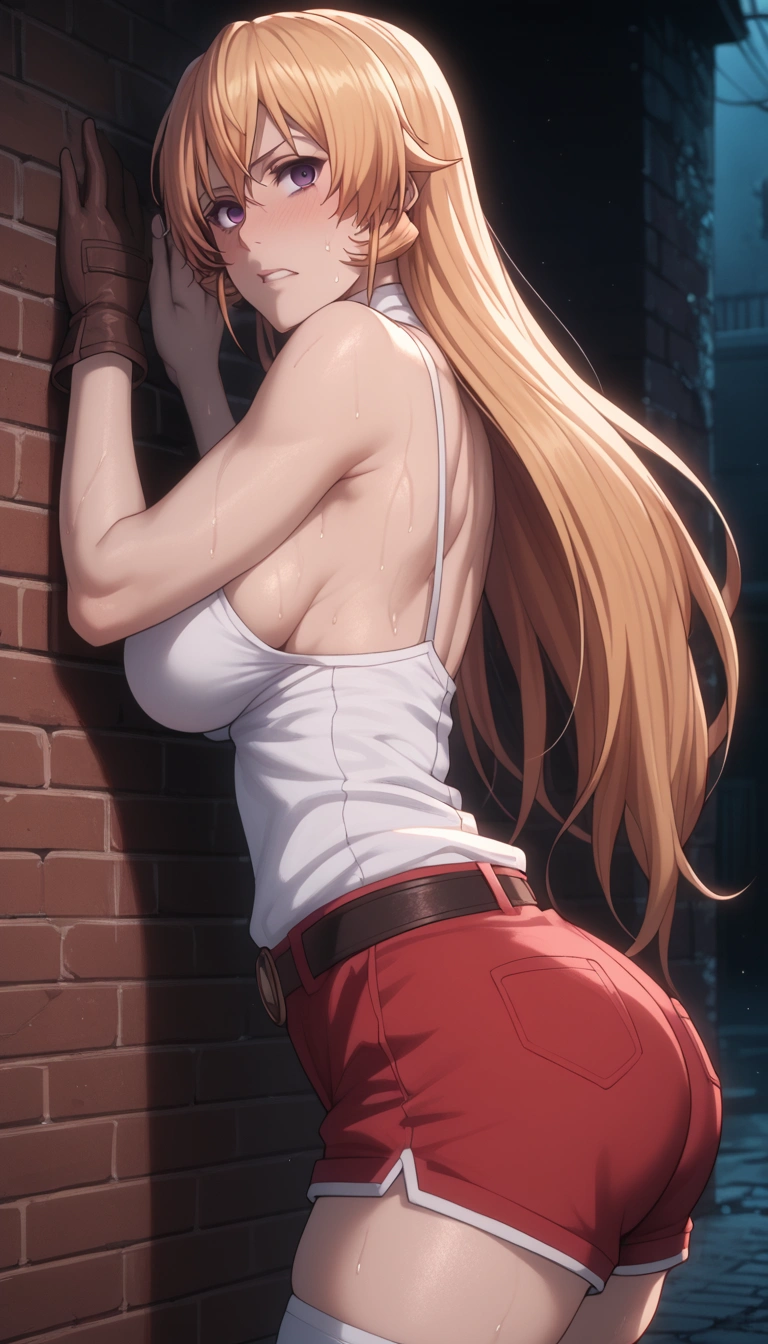 (asura style:0.7), score_9, score_8_up, score_7_up, erina nakiri, blonde hair, long hair, purple eyes, hollow eyes, BREAK detailed eyes, beautiful eyes, perfect eyes, assertive female, (perfect hands, perfect anatomy), detailed skin texture, (blush:0.5), (goosebumps:0.5), excessive sweating, sweating profusely, sweating drop BREAK, large breasts, sagging breast, 1girl, breasts, solo, gloves, shorts, thighhighs, red shorts, looking at viewer, sideboob, short shorts, brick wall, brown gloves, against wall, white thighhighs, ass, single glove, belt, thighs, blush, bare shoulders, leaning forward, camisole, sleeveless, parted lips, from side, pedestrian walkway, embarrassed, clenched teeth, alley, looking at viewer, 