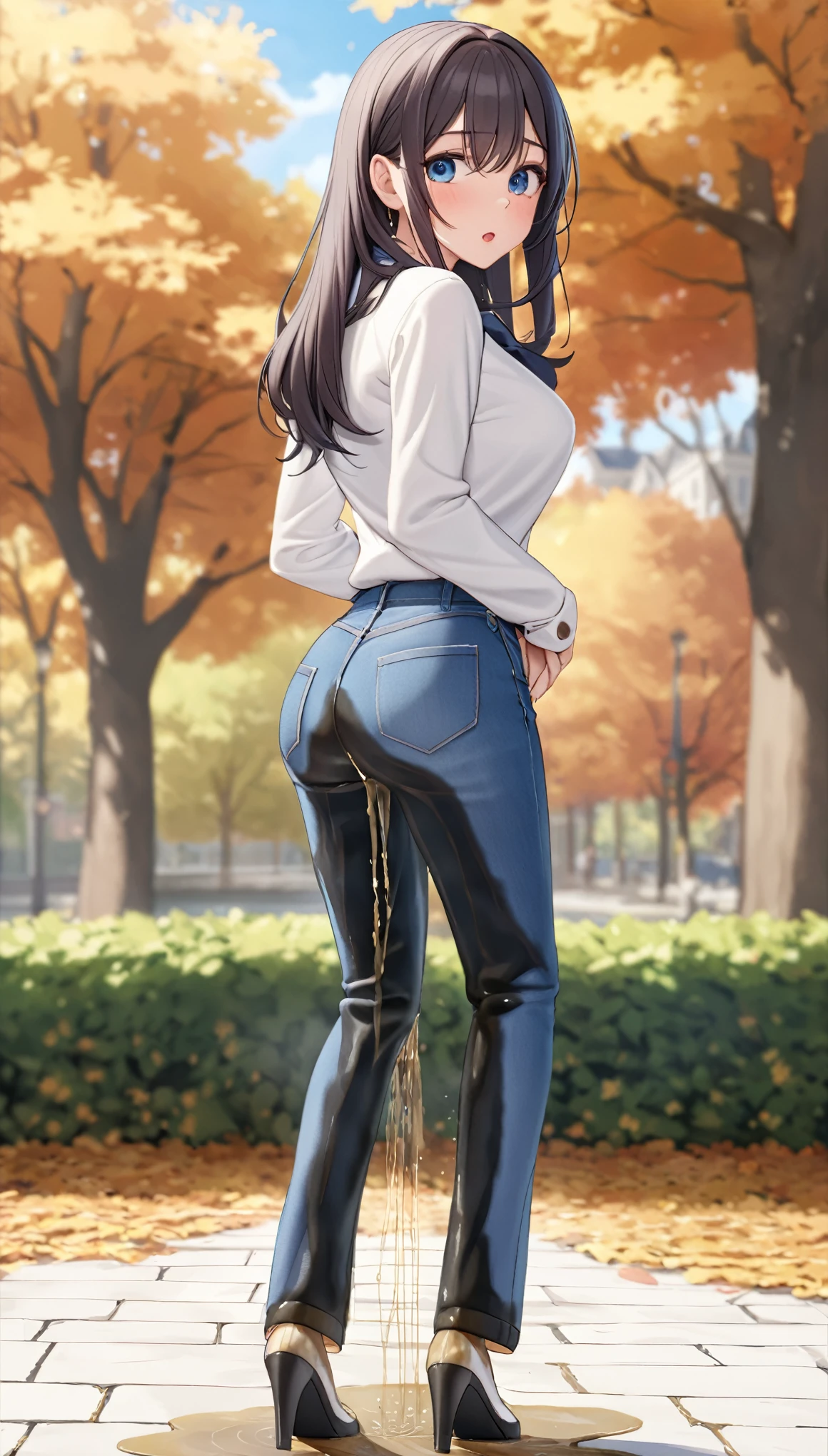 A young woman with beautiful eyes and beautiful hair with medium sized breast is (wetting herself:2.0). She is wearing a classic outfit with (blue jeans:1.5). Outdoor setting in daytime in fall, giving a embarrassing atmosphere. (Best quality, Masterpiece:1.3, 8K, Detailed), Highly detailed face and skin texture, Detailed eyes. (Full body shot:1.2, from behind:1.2).