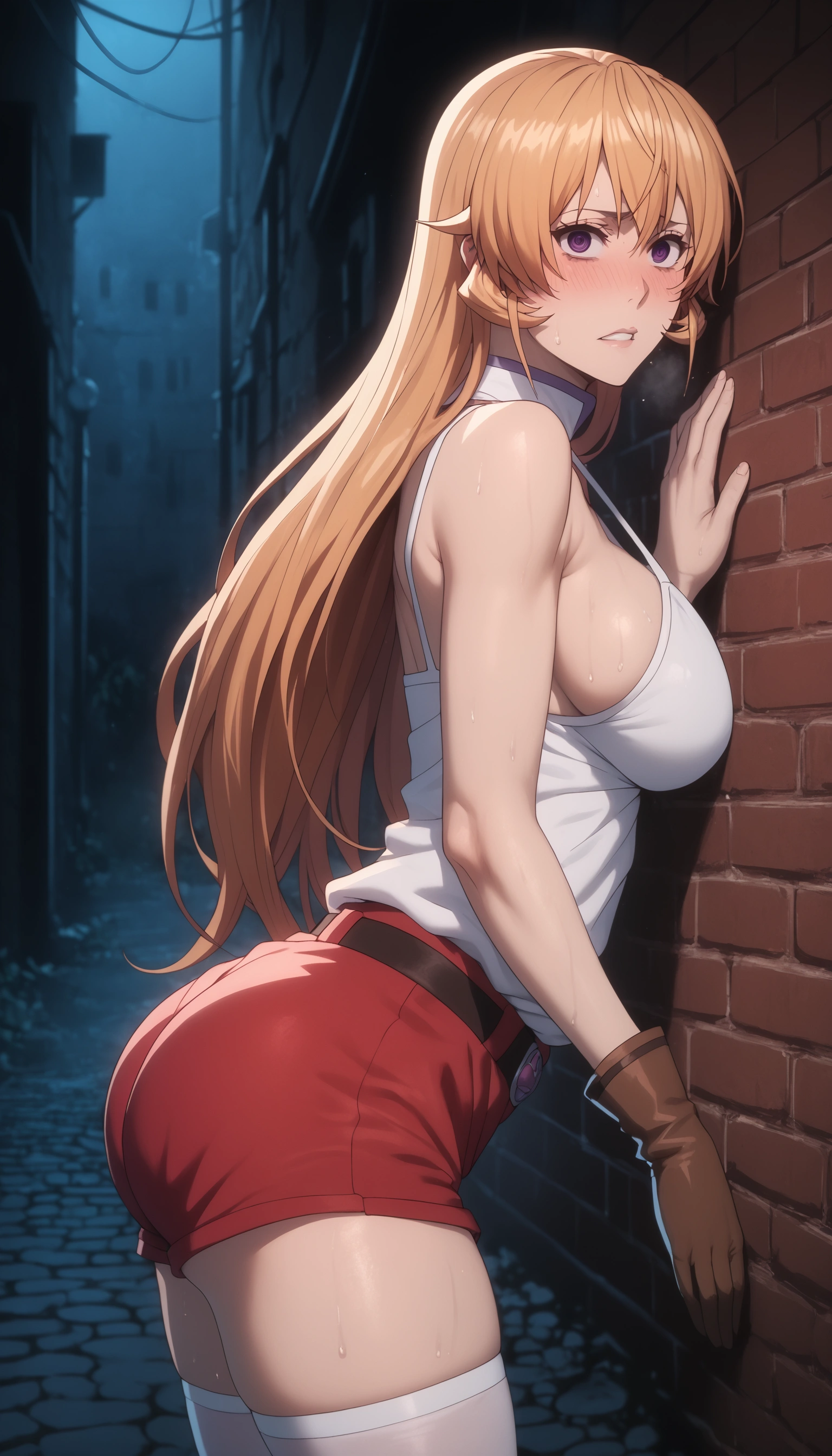 (asura style:0.7), score_9, score_8_up, score_7_up, erina nakiri, blonde hair, long hair, purple eyes, hollow eyes, BREAK detailed eyes, beautiful eyes, perfect eyes, assertive female, (perfect hands, perfect anatomy), detailed skin texture, (blush:0.5), (goosebumps:0.5), excessive sweating, sweating profusely, sweating drop BREAK, large breasts, sagging breast, 1girl, breasts, solo, gloves, shorts, thighhighs, red shorts, looking at viewer, sideboob, short shorts, brick wall, brown gloves, against wall, white thighhighs, ass, single glove, belt, thighs, blush, bare shoulders, leaning forward, camisole, sleeveless, parted lips, from side, pedestrian walkway, embarrassed, clenched teeth, alley, looking at viewer, 