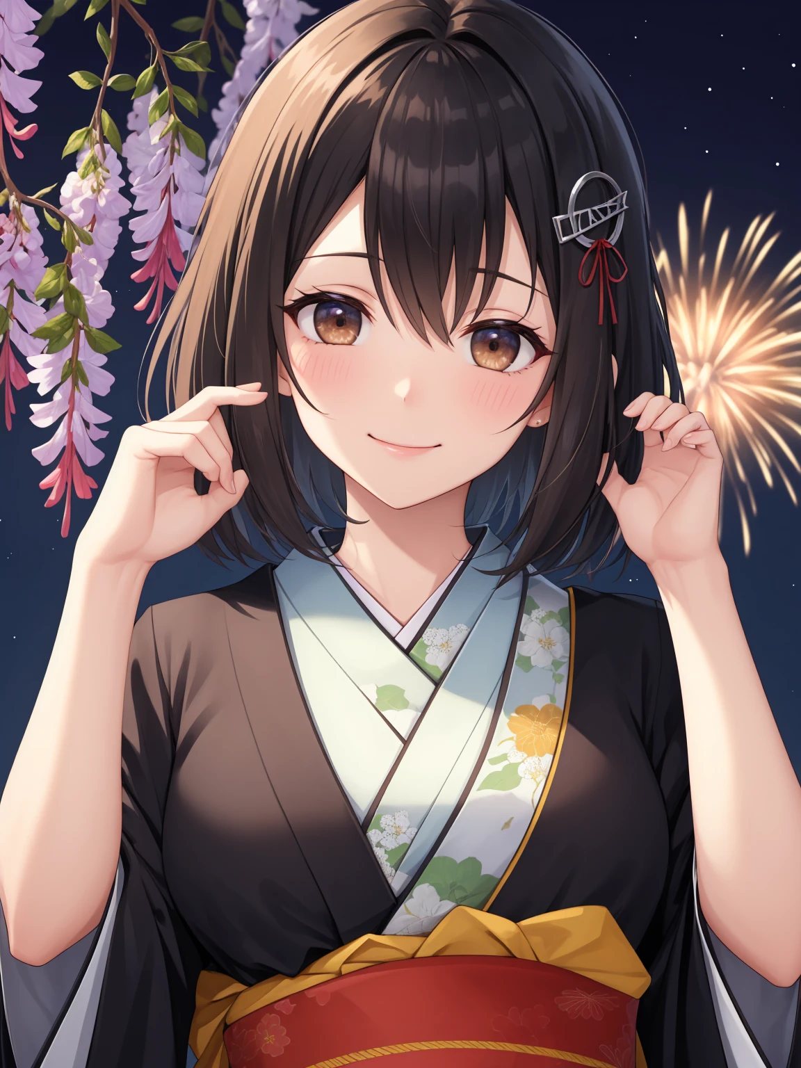 haguro \(kancolle\), short hair, black hair, brown eyes, (medium breasts), 1woman, solo, hair ornament, Wisteria kimono, (Gorgeous courtesan kimono), light blue kimono, dark green obi
BREAK
(smile), bashful, (blushing cheeks:1.1)
BREAK
From below, (cowboy shot), tilted head, 
BREAK
Portrait, official art, Masterpiece, best quality, high resolution, 8K, ultra-detailed, super resolution, extremely detailed and beautiful, extremely detailed, amazing and detailed, highly detailed beautiful girl, highly detailed face, highly detailed eyes, highly detailed skin, highly detailed fingers, highly detailed nose, very detailed mouth, perfect anatomy 
BREAK
(Fireworks), night sky, (night, midnight, darkness:1.3), very fine and detailed 16KCG wallpapers