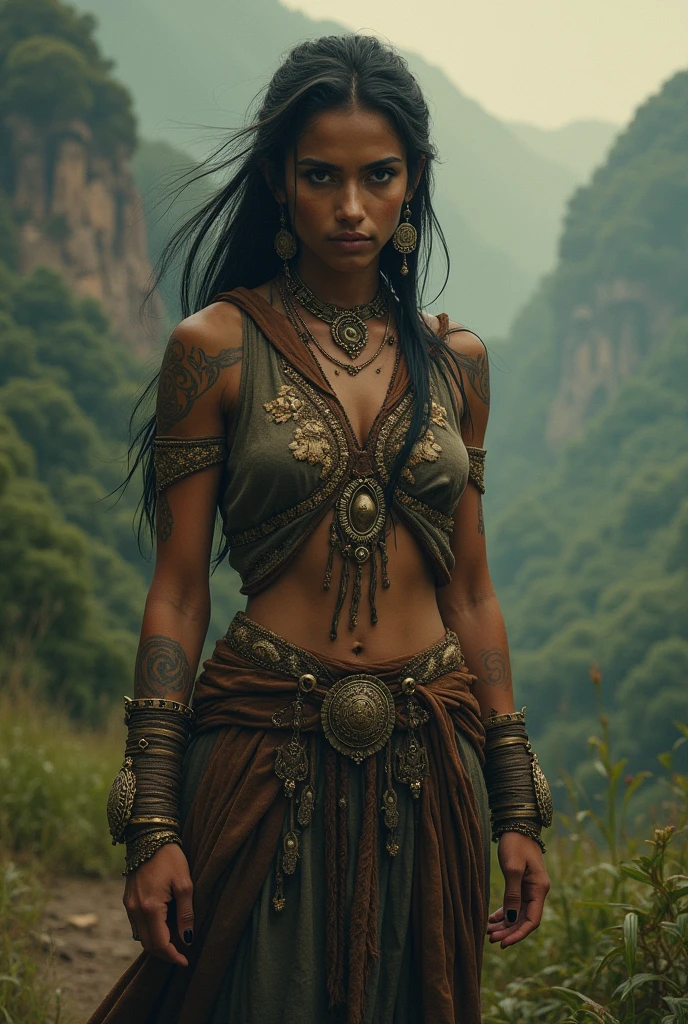 Style: "Prehistoric fantasy setting with a focus on authentic primitive clothing and accessories, reflecting the materials and craftsmanship of early human cultures." Steppe warrior Maya is a beautiful prehistoric woman of the Mongoloid race. Face: Rounded, with soft features. Almond-shaped brown eyes, short and straight nose. Lips of medium thickness, natural pink color. The hair is black, straight, long, braided into one thick braid. The skin is light olive. Body: Medium height, slender and flexible, slightly muscular figure. The breasts are small, the stomach is tight, the hips are round, the legs are strong and flexible. Tattoo: A primitive pattern of wavy lines running from the right collarbone to the middle of the chest. Three black dots near the outer corner of the left eye. Clothing: Material: Leather and leaves, natural colors, roughly finished, with signs of wear. Thighband: Made of fine leather and leaves, dark green in color, decorated with beads and feathers, to the middle of the thighs. the chest is open, on the neck is a necklace with wooden beads. Sandals: Light, with thin leather straps, decorated with wooden beads that wrap around the feet.