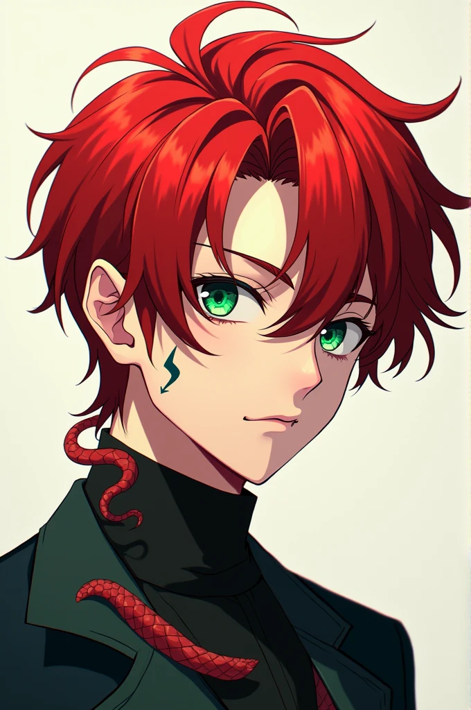 Red-haired, green-eyed boy with a mole under his left eye, white skin with a tattoo of a snake on his neck quite masculine anime