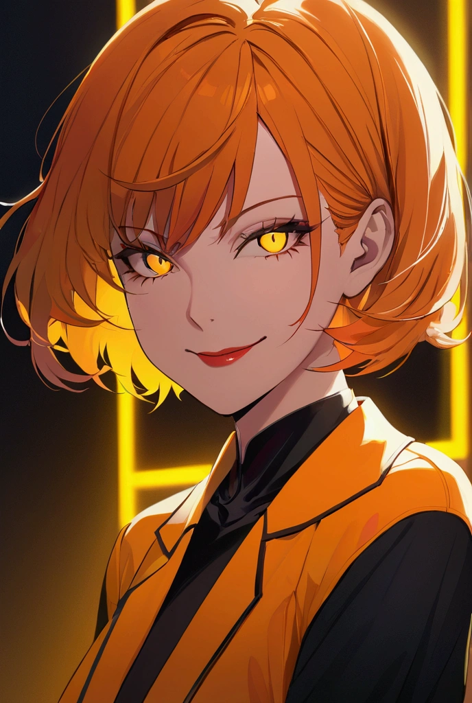 ((Portrait)), She has a Cheerful and Striking Appearance, with a Vibrant Charm, Fair Skin, and a Slender Build. She Expresses a Bright and Enthusiastic Look, Giving Off an Energetic Attitude. She has Orange Eyes, and Her Hair is Short and Tousled, Light Blonde, with Strands Falling Over Her Face. She Wears an Open Orange Jacket with a Black Crop Top, Revealing Her Midriff. ((Portrait, HDR, Dark Background))