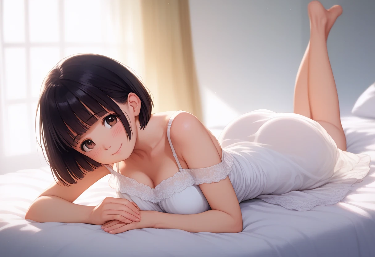 highest quality、High resolution、Alone in the room、Japanese women、adult、Age 25、sexy、Big Breasts、Bob Hair、((Completely naked))、((whole body))、Lying on the bed with open legs、A shy smile、