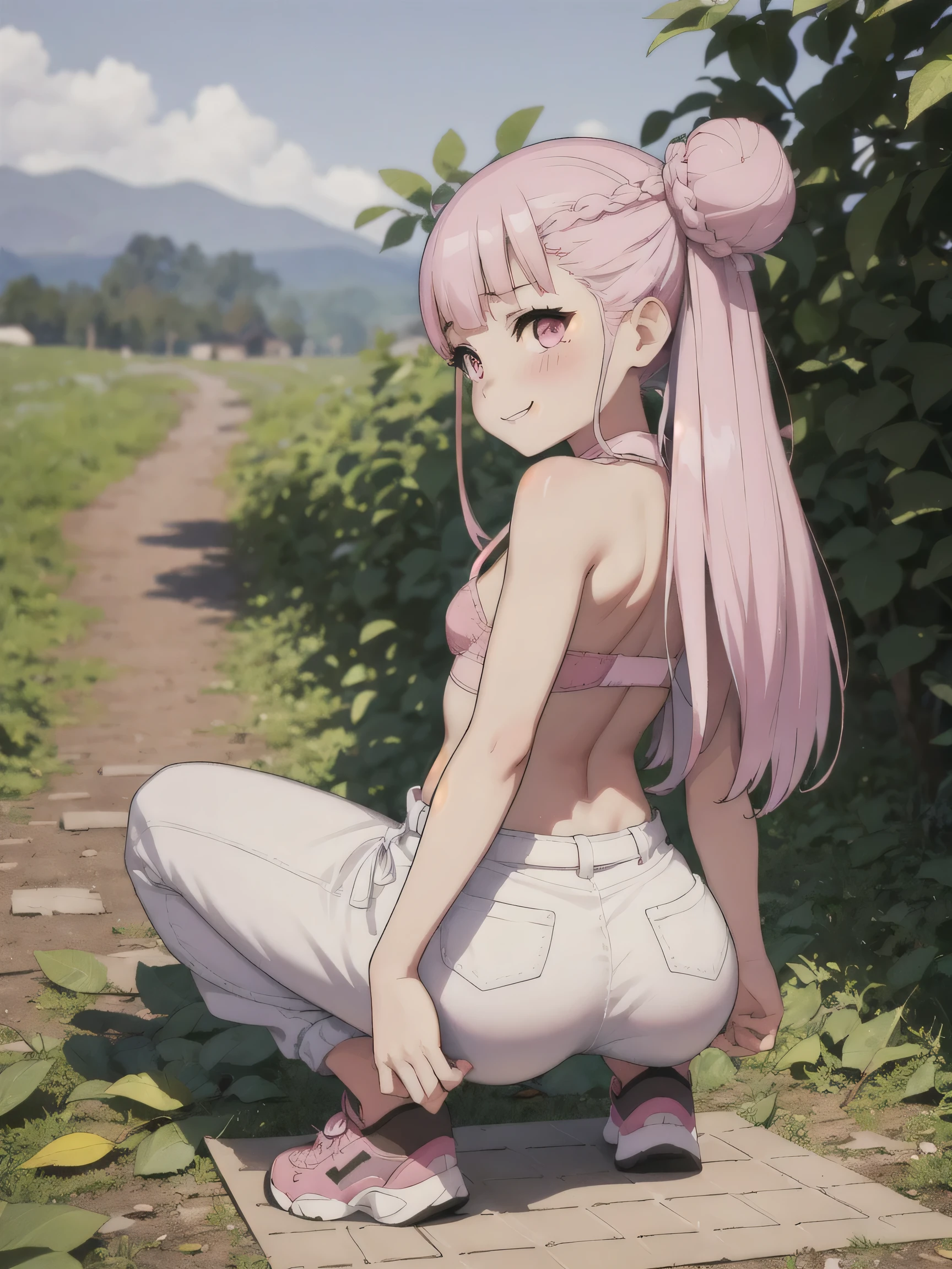 1peopleの女の子,  Embarrassed,blush,View Viewer, (people:1.2), (White hair ribbon:0.4), Pink Eyes,(((White bun hair))),(((Pink long hair))), Spread your legs,(egg_yukiko), squat, (Large colorful jersey pants),(), Line Off, smile, (((Eye highlights))), (((Small mat))), (((Narrow gravel road))), (Thick outline), Mud road, ((Arch your back)), (the below described:1.5), Long weed, (From behind:1.3), blue sky, (Girl stepping on fallen leaves:1.6), (There are a lot of fallen leaves stuck to the bottom of your shoes:1.3),(3d:1.3), sneakers
