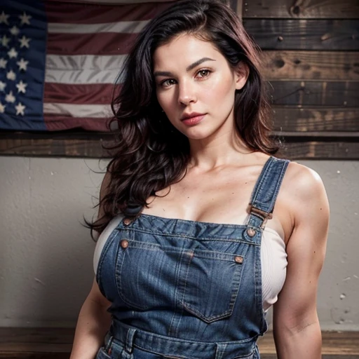 American shot. Predominant colors: blue, red, white. Background: vintage steel industry workshop with a Unided States flag on the wall. A curvy Spanish woman in her forties, short wavy black hair, lustful expression, blushed cheeks, dressed only in loose denim dungarees, curling one of her biceps with her back to the viewer.