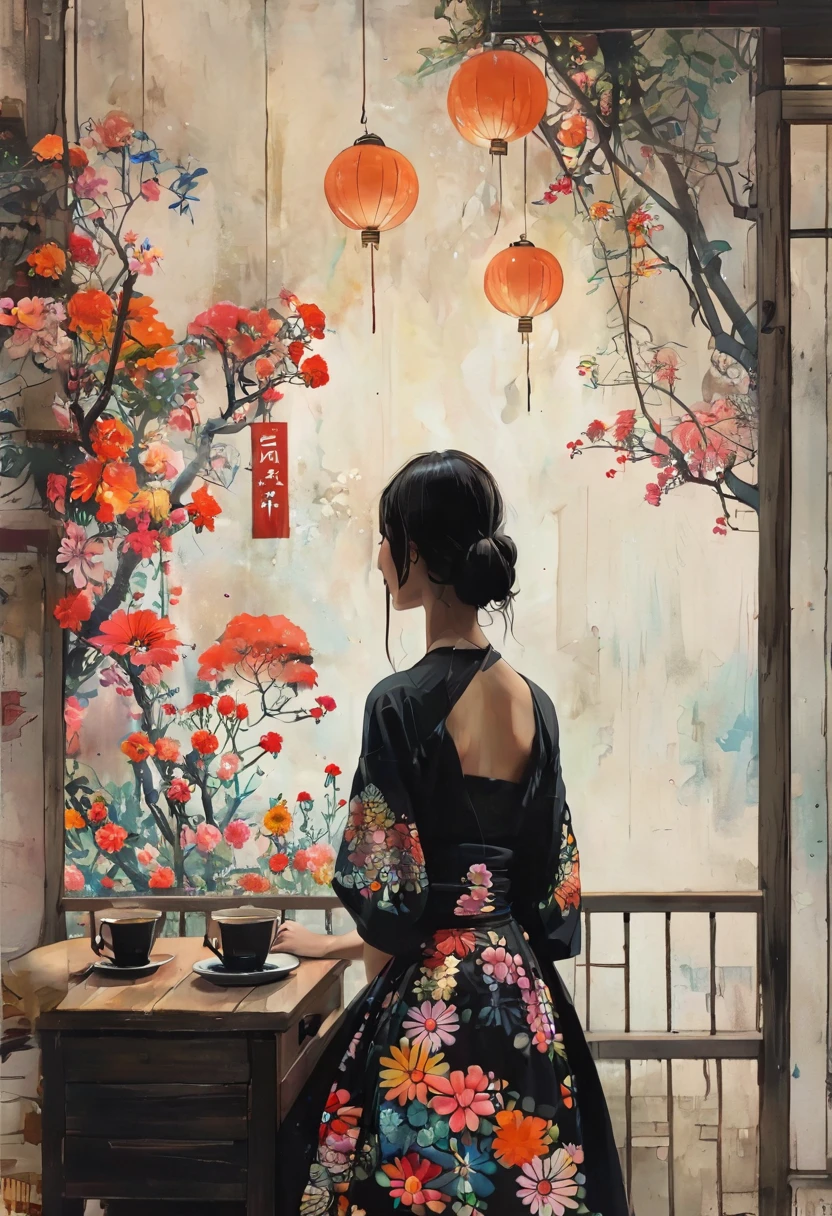 A girl relaxing in a high chair drinking coffee、Wearing black-rimmed glasses、Profile of a Girl、Smiling with closed eyes、In a stylishly designed room、A girl wearing a long skirt and blouse with a Japanese pattern、Psychedelic Art、Kimono-like Japanese style、Western style、Shangri-La、Pop Art、Surrealism、Best Quality、Masterpiece、style of Diane Dillon, 
