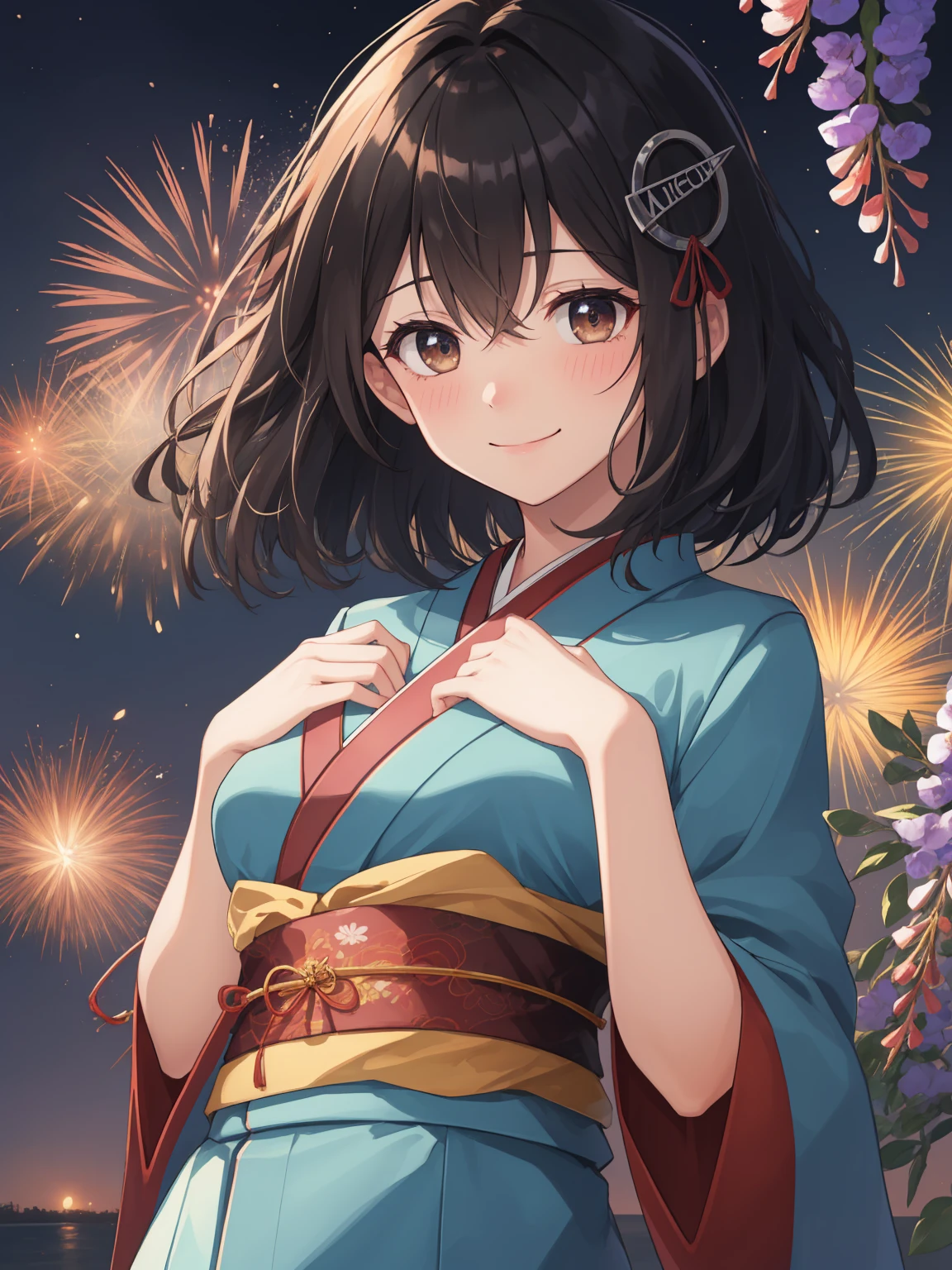 haguro \(kancolle\), short hair, black hair, brown eyes, (medium breasts), 1woman, solo, hair ornament, light blue kimono, wisteria pattern, dark green obi
BREAK
(smile), bashful, (blushing cheeks:1.1)
BREAK
From below, (cowboy shot), tilted head, Dutch Angle
BREAK
Portrait, official art, Masterpiece, best quality, high resolution, 8K, ultra-detailed, super resolution, extremely detailed and beautiful, extremely detailed, amazing and detailed, highly detailed beautiful woman, highly detailed face, highly detailed eyes, highly detailed skin, highly detailed nose, very detailed mouth, perfect anatomy 
BREAK
(Fireworks), night sky, (night, midnight, darkness:1.3), very fine and detailed 16KCG wallpapers