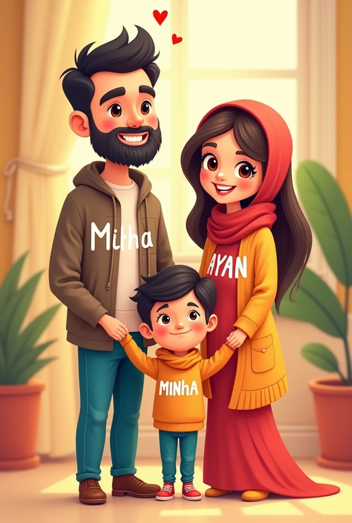 My beautiful hijab wife with me a cartoon image. Background with kaba, i have long Beard and with out hijab,with  out Mustache. In our hand have a heart and its inside 2 names Azhar and Naseeba, around our 10 babys 5 boys and 5 girls