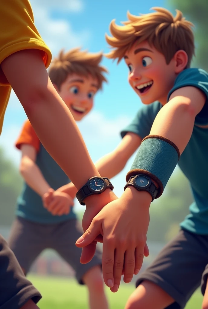 A boy and girl holding hands with bycicle gloves on, on the hands, make it realistic 