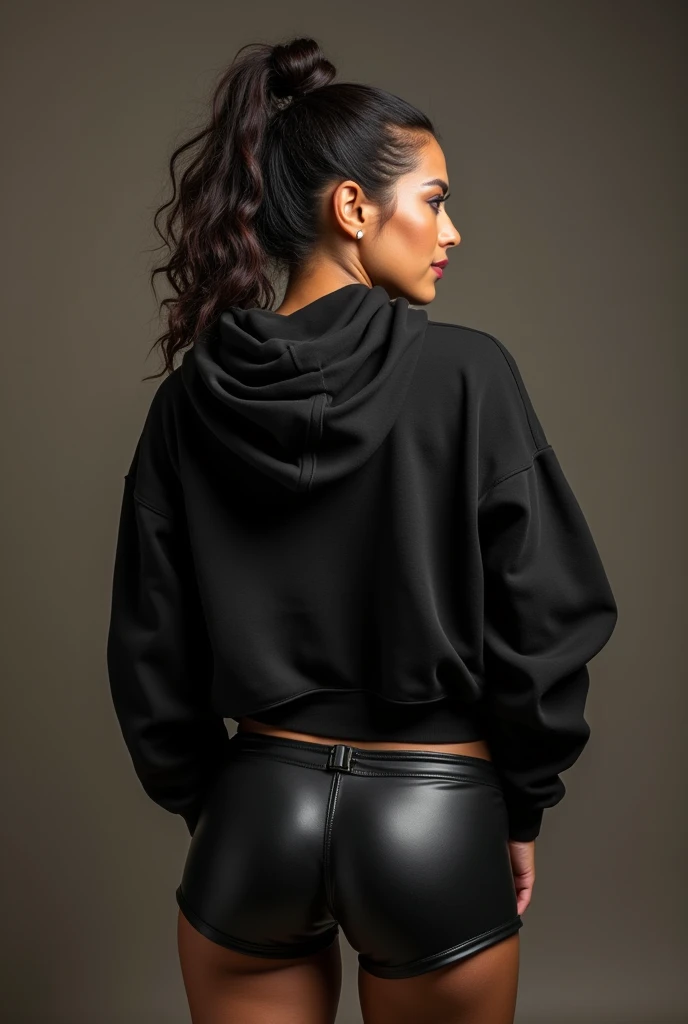 black woman hair in a bun black hoodie black leather short shorts being fucked in the ass by a old grandma in a dress
