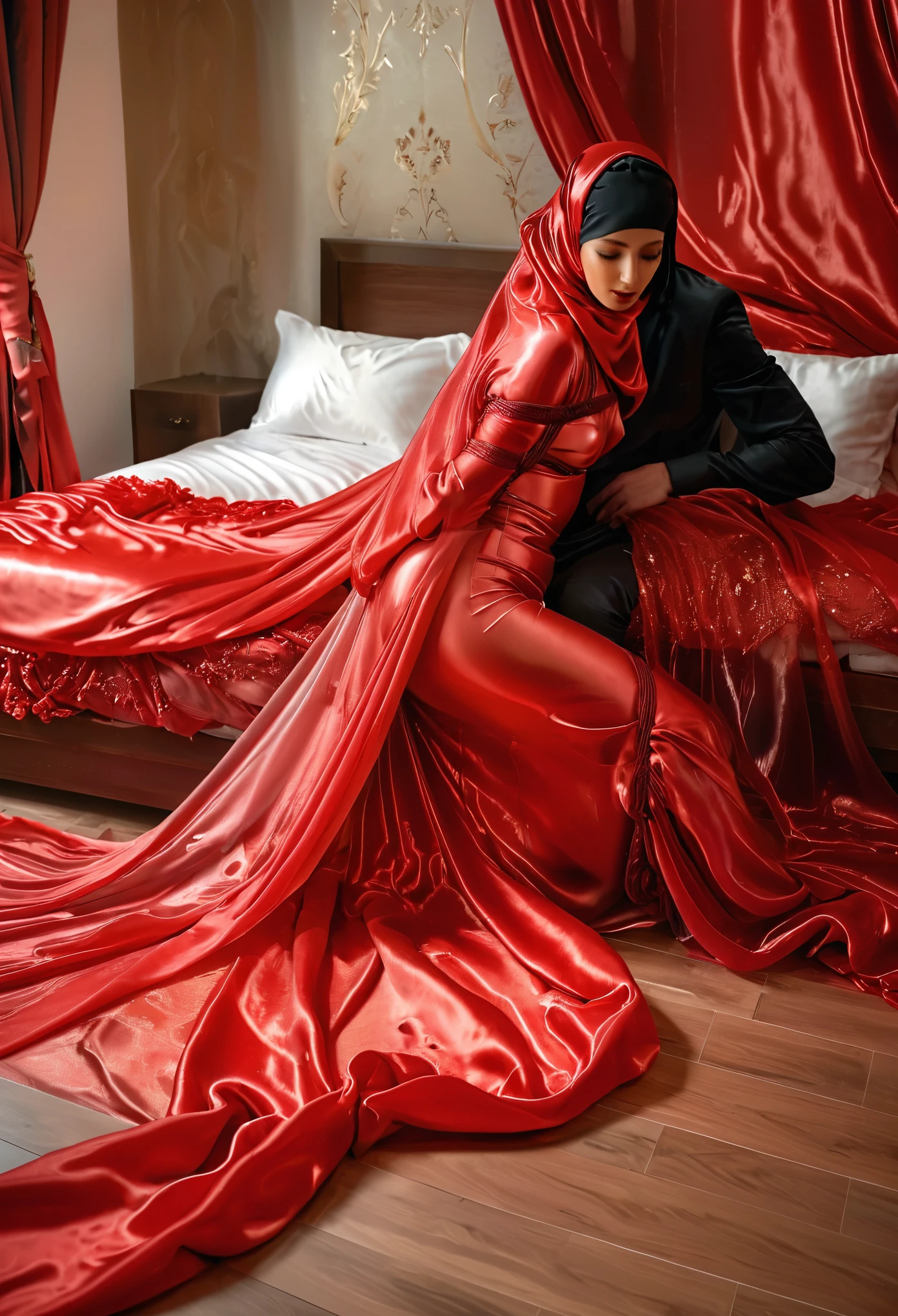 woman and man shrouded in a 10-meter-long, plush red semi transparent satin shimmer cloth, tightly bound and grandly draping along the form of her body, flowing off into a pooled floor-length train, styled in a mermaid-inspired outfit, her head modestly veiled in a satin hijab, in luxury bed room,man was mummified in satin, a full-body pose conveying a sense of mysterious elegance, captured in a 4k resolution, ultra-realistic