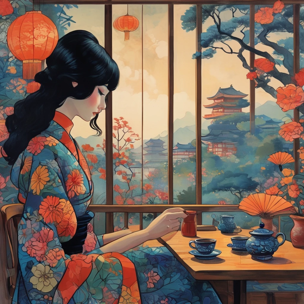 A girl relaxing in a high chair drinking coffee、Wearing black-rimmed glasses、Profile of a Girl、Smiling with closed eyes、In a stylishly designed room、A girl wearing a long skirt and blouse with a Japanese pattern、Psychedelic Art、Kimono-like Japanese style、Western style、Shangri-La、Pop Art、Surrealism、Best Quality、Masterpiece、style of Diane Dillon, 
