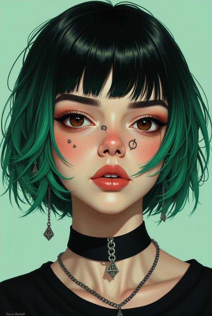 up close photo of a woman with heavy smoky makeup, beautiful detailed eyes, magazine cover image, fashion tabloid style, text,
short dark green hair, hard night partying, freckles,
sparkling look, tattoos, large lips,
skin detail, pores, realistic, imperfections,
