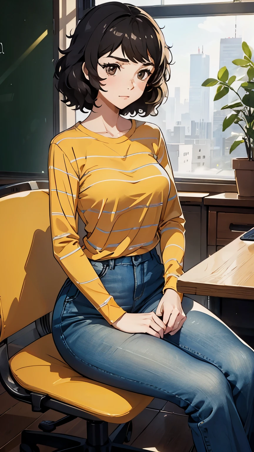 { masterpiece : best quality : high resolution : unity 8k wallpaper : illustration : beautiful detailed eyes : extremely detailed face : perfect lighting : extremely detailed CG : perfect hands : perfect anatomy } { Teacher_office } { 1girl : Sadayo_Kawakami: cute_face : short_dark_hair :  : Perfectly_shaped_breast : Perfectly_fit_body : yellow_stripe_shirt : long_sleeves : and blue_jeans } { sittting : serious }