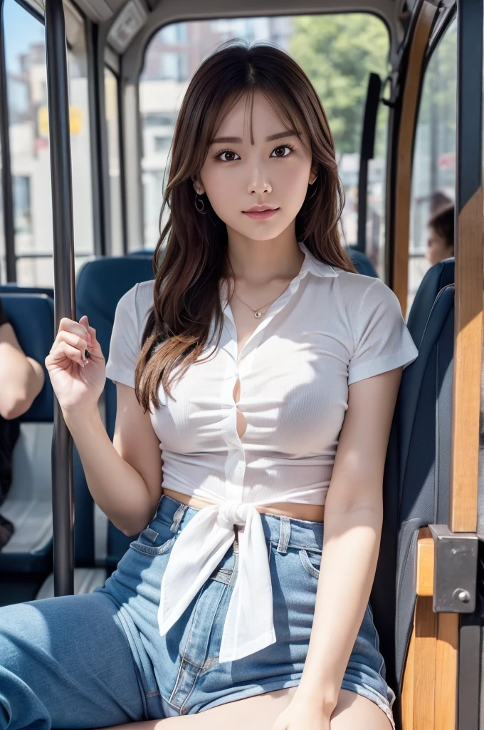 RAW, Best quality, high resolution, masterpiece: 1.3), Beautiful woman, sitting on 25years old man lap on a bus among men, crowded passenger bus, LONG HAIR, slim body, ((only wearing shirts)), vagina shown, highres, ((no panties)), ((4k, HDR, 1girl, photorealistic, realistic)), ((whole body)), looking at the camera, full body shot, bright lighting, high brightness, sunny, day vibes, (nsfw), inverted nipples,