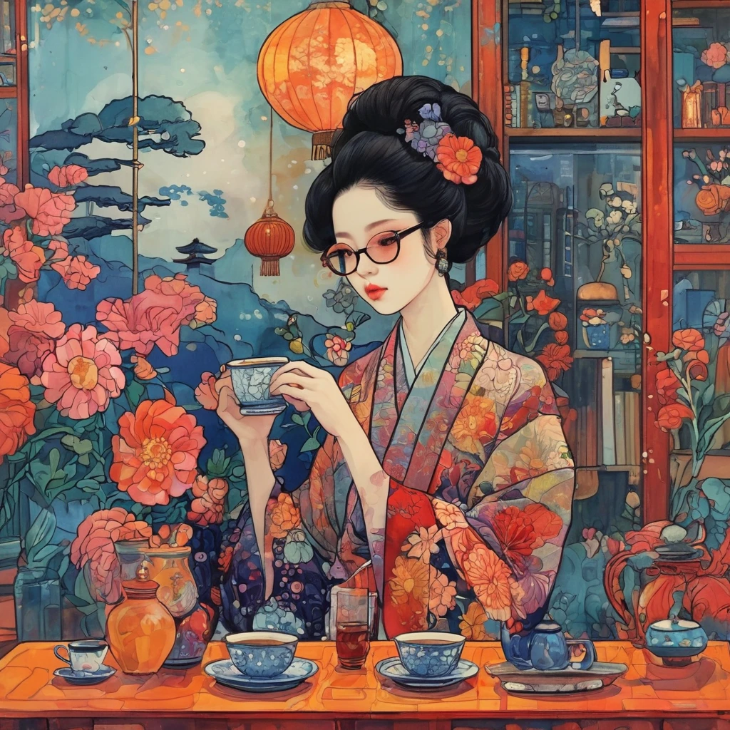 A girl relaxing in a high chair drinking coffee、Wearing black-rimmed glasses、Profile of a Girl、Anatomically correct、Smiling with closed eyes、In a stylishly designed room、A girl wearing a long skirt and blouse with a Japanese pattern、Psychedelic Art、Kimono-like Japanese style、Western style、Shangri-La、Pop Art、Surrealism、Best Quality、Masterpiece、style of Diane Dillon, 
