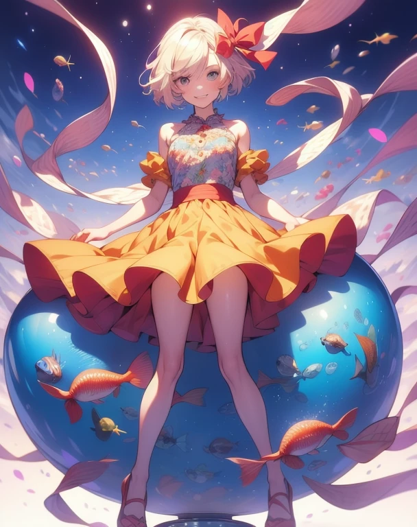  view, girl, strong wind, short hair, exposed shoulders, hair ribbon, open dress, mini skirt, sleeves, flat chest Individualism, hair tangled, smiling legs spread, hips, slightly transparent clothing top quality, masterpiece, sphere girl, girl, checked skirt, individualism, looking at viewer, hands behind back, fish-eye lens