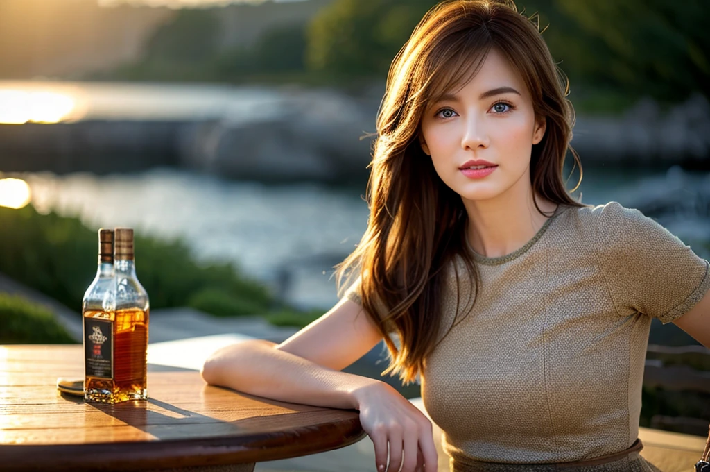 (Realistic, 超Realistic:1.4), 16K HDR, High resolution,Brown short hair,The best smile、Japanese actress,Super beautiful(Like the real thing),Short sleeve dress,Whiskey Bottle、The Macallan、Johnnie Walker、、Old Parr、whiskey、Suntory、Nikka、Slim couple、Model Couple、(Realistic, Intricate details:1.2), Full course dinner、Whiskey bottle and glass on the table、Single Malt、scotch、Rock Glass、Shot Glasses、Whisky on the Rock、Scotland、Amazing view of the sunset sky and clouds、,Digital SLR camera, Soft lighting, Detailed Background, Written boundary depth, Volumetric lighting, Sharp focus, super Realistic 肌,Very beautiful expression,Cloud Effect:1.2、プロ品質のHigh resolution、Realistic facial features,Best Quality,Slim figure,Highly detailed face,Highly detailed eyes,Beautiful Lips,Excellent light particles,Cinema Lighting,blue eyes,