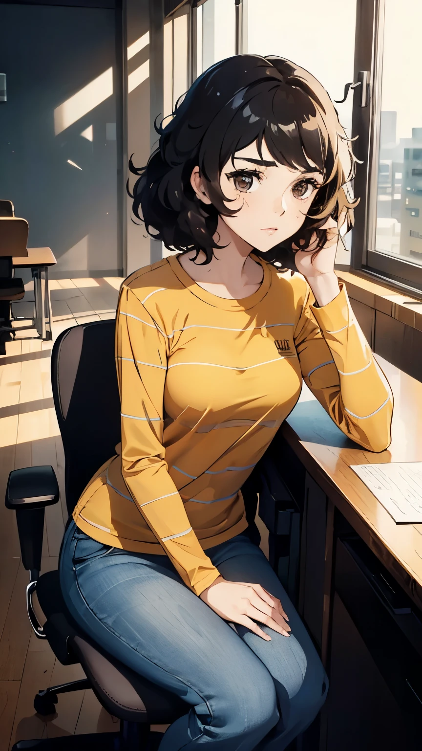 { masterpiece : best quality : high resolution : unity 8k wallpaper : illustration : beautiful detailed eyes : extremely detailed face : perfect lighting : extremely detailed CG : perfect hands : perfect anatomy } { Teacher_office } { 1girl : Sadayo_Kawakami: cute_face : short_dark_hair : : Perfectly_shaped_breast : Perfectly_fit_body : yellow_stripe_shirt : long_sleeves : and blue_jeans } { sittting : serious }