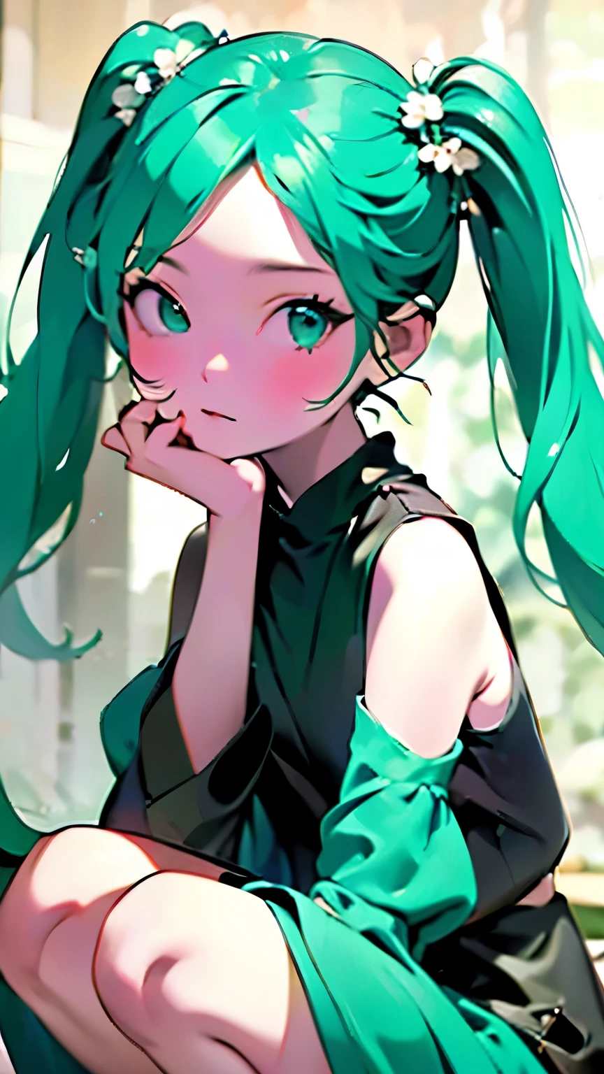 RAW Photos、Blue green hair,Dual Horsetail,sexy,Adorable,Small eyes、Expressionless,Squat Twintails、Hatsune Miku、Official Art，unity 8k wallpaper，Very detailed，aesthetics，masterpiece，Best Quality，Realistic,Photo level、Best Quality、Best image quality、masterpiece、